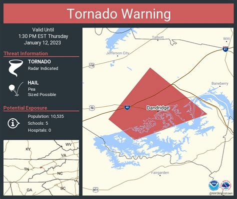 Jan 12,2023 | 0 | 0. Tornado Warning including Dandridge TN until 1 30 PM EST. USA USA. Date and time of the incident / event : 12 January 2023 18:15. What is Live incidents / events section ? We scan for live incidents or events throughout the entire world and we provide a brief description of the incident / event (in english or other language) .