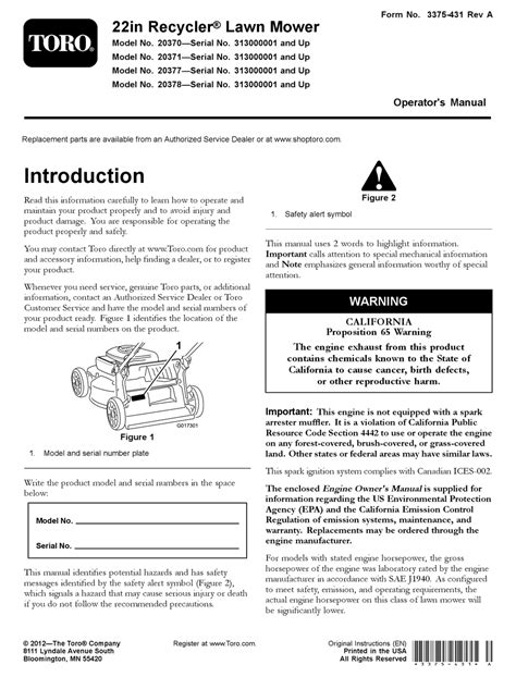 Manuals. Operator's Manual. Print . English (3375-431) ... Model # 20371 Serial # 313000001 - 313999999 ... Toro Product Type Walk Behind Mowers Product Series 22 .... 
