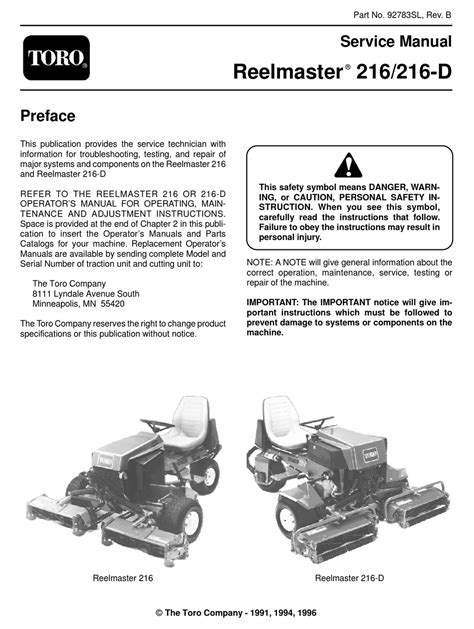 Toro reelmaster 216 216 d mower service repair workshop manual download. - Los bienes raíces y los números.