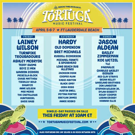 Tortuga concert. Shania recently joined Audacy’s Rob + Holly for a conversation ahead of her set at Tortuga Music Festival and with the beautiful ocean-front setting of the f... 