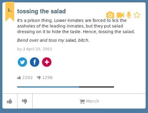 1) preparing a salad. mixing greens. 2) slang. To humiliate someone by ordering them to commit the act of smearing jelly, or another desirable substance in your anus in order to lick it clean while you masturbate or they give you the reach-around.. 
