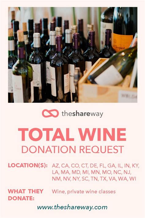 Total wine donation request. Please enter your organization’s details to apply for a donation. Organization Name. Main Phone. Website. Street 1. Street 2. City. State/Province. Zip/Postal Code. 