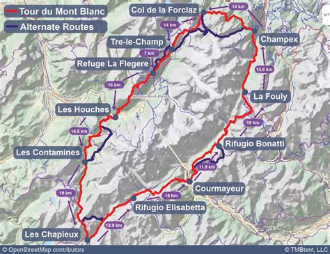  This is the first segment of the Tour du Mont Blanc, which connects Les Houches to Les Contamines-Montjoie. This route will offer the hiker magnificent views of the mountains that surround the trail. It is advisable to spend the night in a hotel or refuge in Les Contamines-Montjoie before moving on to segment two the next day. Here is the list with all the segments of this hike: https://www ... . 