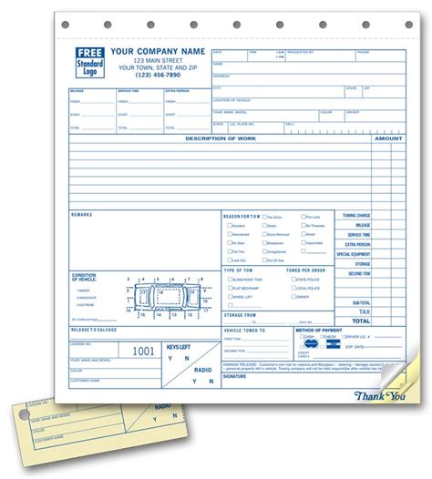 Towing Service Order Forms with Key Tag Free Shipping