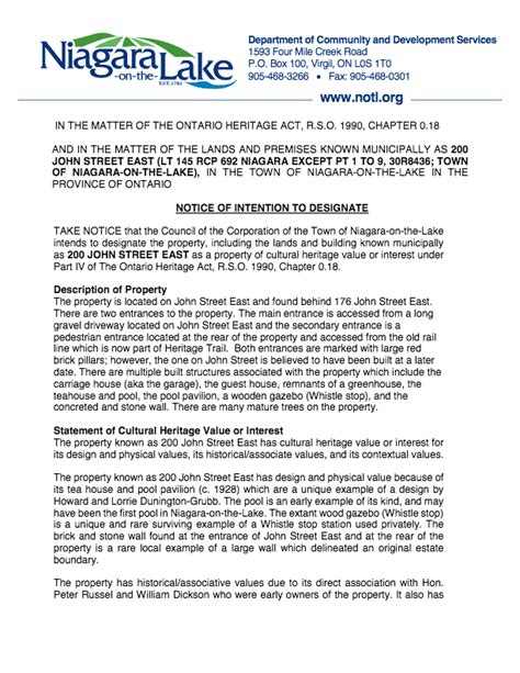 Town publishes Notice of Intention to Designate S O R E