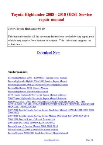 Toyota highlander 2008 2010 oem service repair manual. - Dinámica de estructuras de anil chopra manual de soluciones.