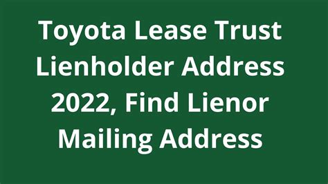 Toyota lease trust lienholder address. Do you want to pay off your Toyota loan or lease? Find out how to get your payoff information and the steps to complete the process. Learn about the different payment options, title and lien release, and more. Visit our support page and get the answers you need. 