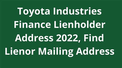 Toyota lienholder address. Contacting Your Financial Institution. When you contact your financial institution, have the following: The loan or account number. Social security number (SSN) or name of the borrower. The name of the registered vehicle owner. The vehicle or vessel’s make, model, and vehicle identification number (VIN) or hull identification number (HIN). 