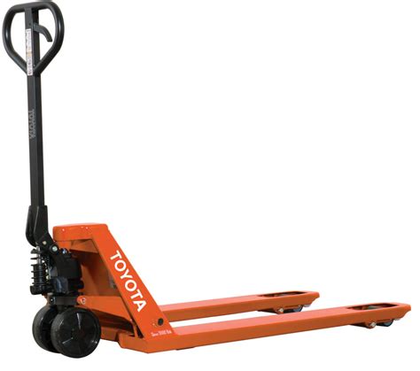 Toyota pallet jack. Solid nylon load wheels & steer wheels. Single load wheels with entry/exit rollers. Low rolling resistance. Spoked steer wheel hub design for better shock resistance. Details of specifications and equipment are For more information or the nearest. based on information available at the time Toyota dealer, call 1-800-226-0009 of printing and may ... 