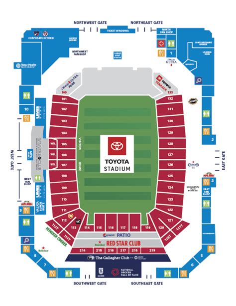 Toyota stadium field map. Sideline seats at Toyota Stadium include sections 101-111 on the West side and 122-132 on the east side. Each section contains roughly 30 rows of seats with Row 1 closest to the field. Shaded Seating Sections on the West side are shaded well before their counterparts on the opposite side. 
