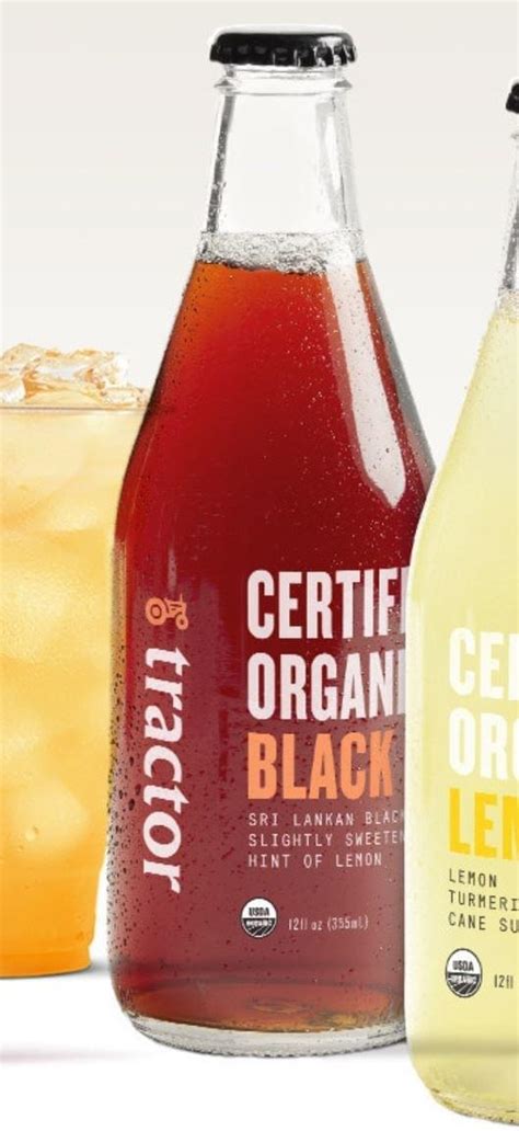 Tractor organic black tea. INGREDIENTS: Water, Organic Cane Sugar, Organic Lemon Juice Concentrate, Organic Lemon Pulp, Citric Acid, Natural Flavor, Organic Flavor, Organic Turmeric Extract (for color). Nutritional values provided are based on our recommended mix ratio when served chilled. 