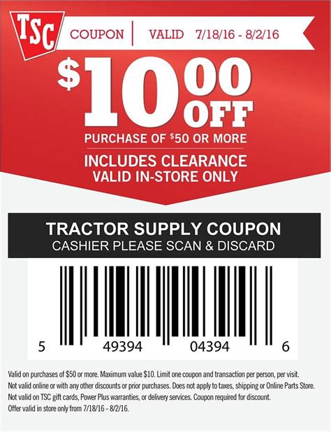 Tractor supply coupons 10 percent off. Save $5 OFF $25 or $10 OFF $50, in... - Tractor Supply Co. Save $5 OFF $25 or $10 OFF $50, in stores & online, thru 3/12! Click to print coupons, show on your phone in-store, or shop online with code NOWSAVETSC. 