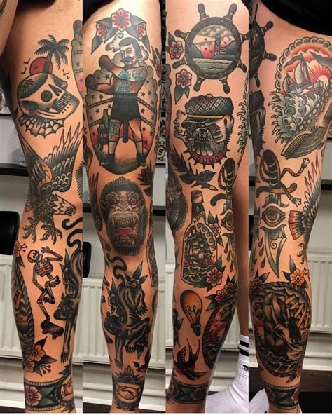 Trad leg sleeve. Although Art Deco has not informed Neo-Traditional tattoos as much as Art Nouveau, much of the passion, flair, and fire of Neo-Trad is gleaned from this particular cultural movement. Both of these styles lay a striking and eye-catching foundation for Neo-Traditionalism. 