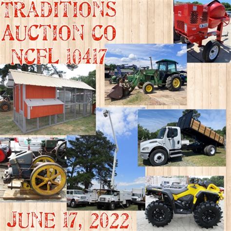 Traditions Auction Company, LLC (Contact) Traditions Auction Company, LLC: Phone: 7042421450. Email: traditionsauctioncompanyllc@gmail.com. Save This Photo. Mar 15 09:00AM 8611 US 74 East, Marshville, NC. View Full Photo Gallery for this sale >> Quick Links. Help; Create Account; Online Bidding ...