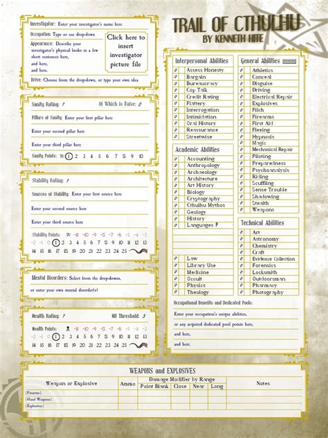 Trail Of Cthulhu Form Fillable Character Sheet Printable Forms Free