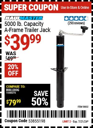 The strong rolled steel construction of this jack lifts up to 1000 lb. hassle-free, easily mounts to the trailer tongue and easily folds away when traveling. The HAUL-MASTER 1000 Lb. Swing-Back Bolt-On Trailer Jack (Item 41005 / 69780 / 91474) has a 4.5-star rating on HarborFreight.com. Save on Harbor Freight’s customer favorites with our ... . 