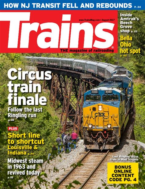 Train magazine. Trains magazine offers railroad news, railroad industry insight, commentary on today's freight railroads, passenger service (Amtrak), locomotive technology, railroad … 
