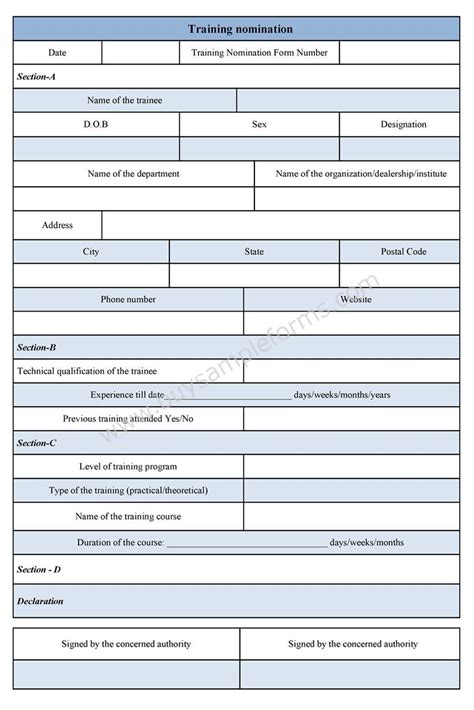 Training Nomination Form Template Sample Forms