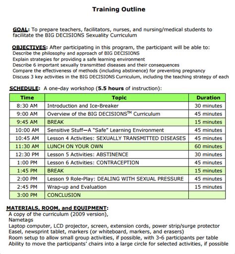 Training Program Outline Example for Word Outline, Train, Program