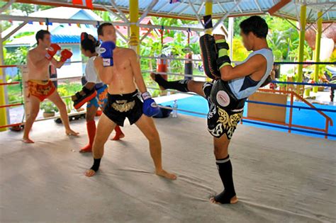 Training thai boxing. Muay Thai is a martial art when done with skill resembles a beautiful dance. It embodies respect and discipline using 8 weapons - hands, elbows, knees, ... 