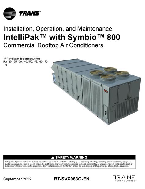 Trane IntelliPak SCWF 65 Installation, Operation And Maintenance Manual (120 pages) Commercial Self-Contained Signature Series 20 to 110 Tons. Brand: Trane | Category: Air Conditioner | Size: 12.74 MB. Table of Contents..