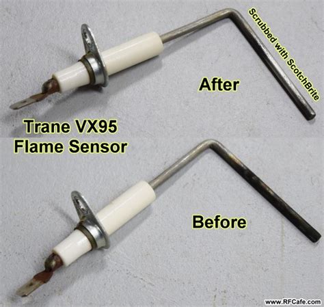 Trane xv95 flame sensor. The suggested solution was to remove and clean the flame rod and reinstall it. After turning off the AC power at the circuit breaker panel and turning off the gas valve, I removed the flame sensor rod and sure enough, it had a slight coating of residue on it. 
