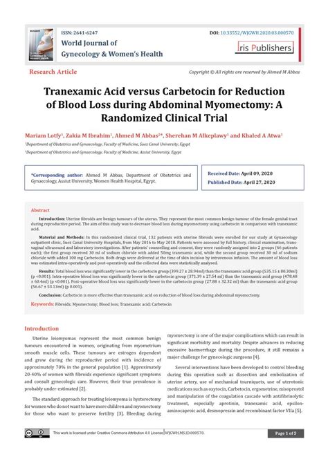 Tranexamic Acid Eased Blood Loss During Myomectomy