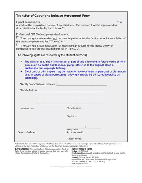 Transfer of Copyright Release Agreement Form in Word and Pdf formats