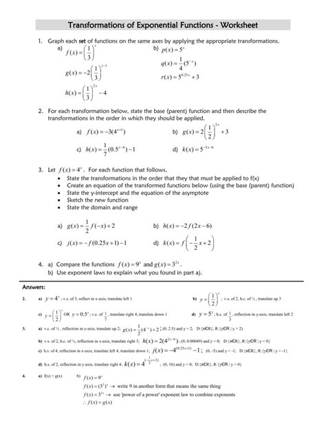 Transformation Of Exponential Functions Worksheet slidesharetrick