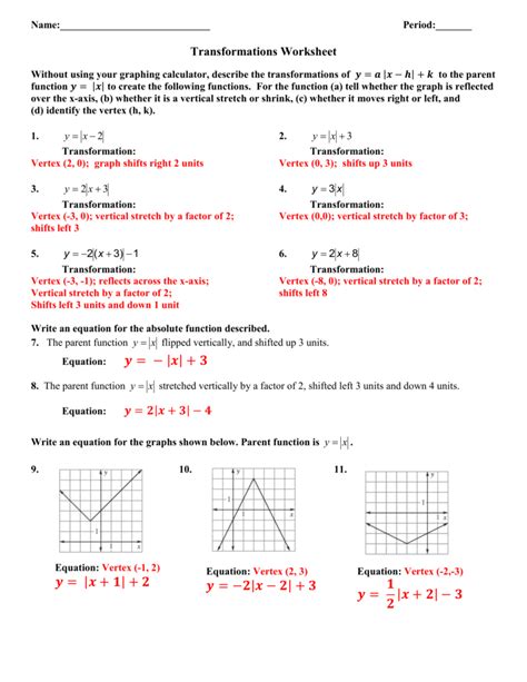 Transformations Of Functions Practice Worksheet