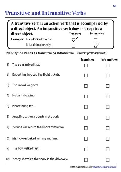 Transitive And Intransitive Verb Worksheets