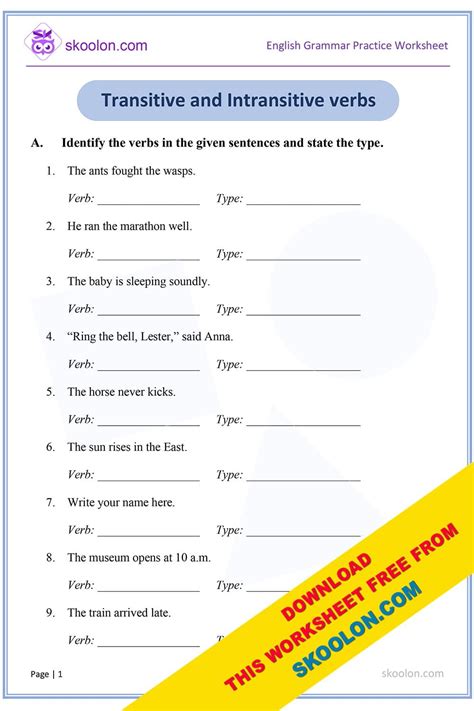 Transitive and Intransitive Verbs 1 skoolon com Worksheets Library
