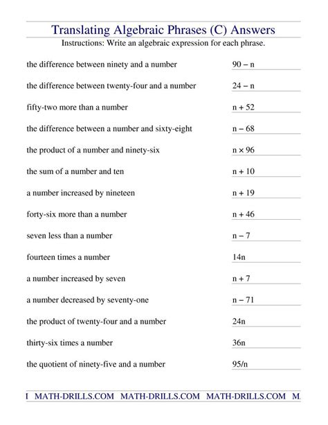 Translating Algebraic Expressions Worksheet