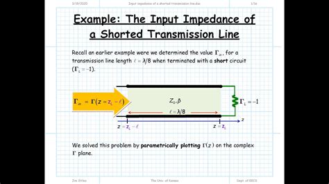 Transmission line input impedance. Input Impedance of a Transmission Line with Arbitrary Termination The impedance at the entrance of a transmission line of length L and terminating impedance ZL is Zi = Z0 ZL jZ0 tan L Z0 jZL tan L, j= −1 where b is the propagation constant = 2 f c r = 2 r There are three special cases, where the end termination ZL is an open or 