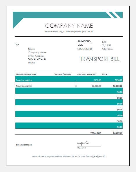 Transport Bill Formats Templates For Ms Excel Word Excel Templates