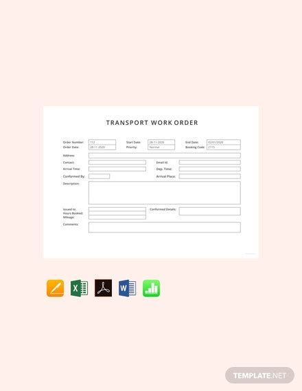 Transport Work Order Template in Google Docs, Google Sheets, Excel