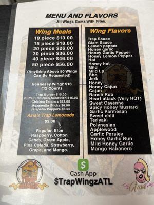 Trap wingz atl menu. 3-4-23 230pm. I placed an online order for pickup. 24 wings and fries. Arrive at 250pm to pickup. Food was not ready. They started after i arrived. 