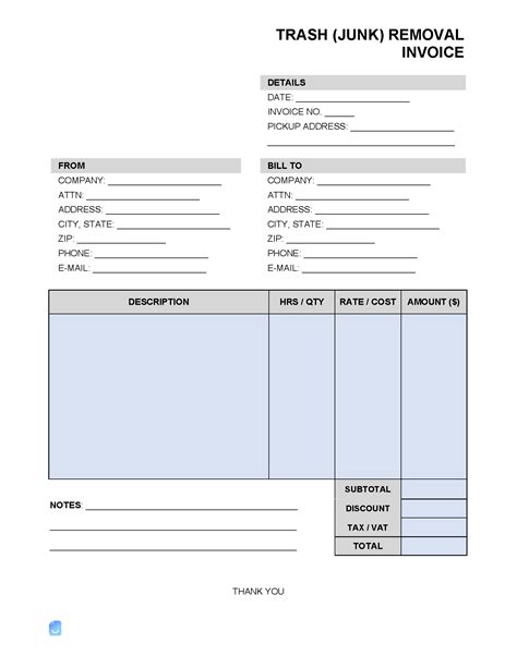 Trash Junk Removal Invoice Template Word Excel PDF Free Download