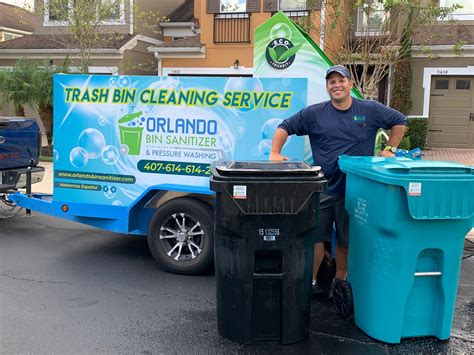 Trash bin cleaning service near me. A. We not only clean your cans, but we disinfect, sanitize and deodorize them as well. We use water temps of approximately 200 degrees fahrenheit which rids them 99.9% of bacteria, germs, and viruses. Additionally, we spray down the outside of the can including the parts most often touched such as the lid and handle. 