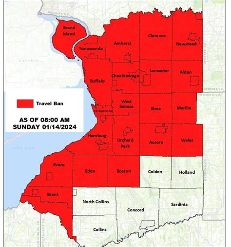Travel ban remains in effect for erie county.. Jan 13, 2024 · A travel advisory for the entire county remains in effect until that. Additionally, there is a ban on tandem trucks on I-90 from Exit 46 in the Rochester area to the Pennsylvania border. 