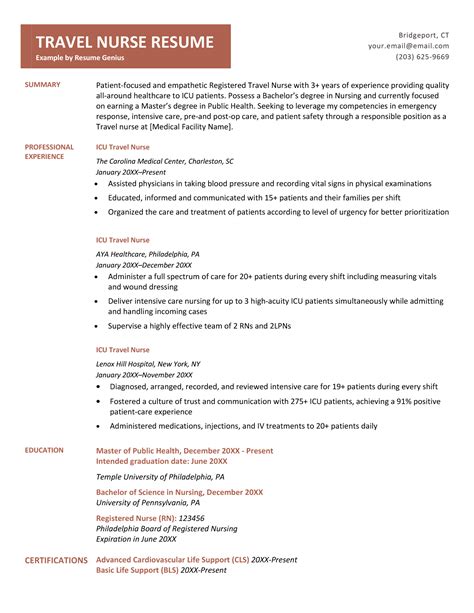 Travel nurse resume. 4. List your skills. Create a section below your work experience to list your relevant skills for this nursing position. Choose six to 10 soft or technical skills to showcase your qualifications as a critical care nurse. Some common skills to include on an ICU nurse resume include: Emergency care. Pain management. 