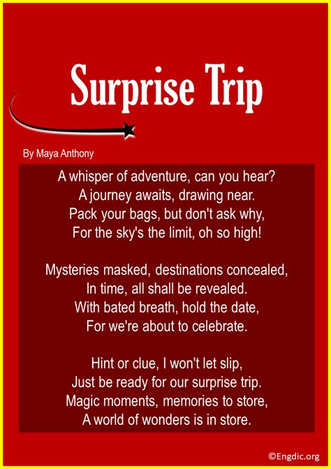 Travel surprise trip poem. WowTrip is a surprise trip to an unknown destination, a form of travelling where all you have to do is live an experience. you'll never forget. Choose whatever dates you want, the number. of travellers, number of nights and we'll take care of the rest. Find out your destination in the airport, moments before your trip. 
