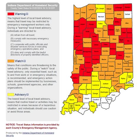 Travel warnings indiana. The new system has three color-coded warning levels each Indiana county can implement when necessary: Advisory (Yellow) – Routine travel or activities may be restricted in areas because of a hazardous situation. Citizens should use caution or avoid these areas. Schools and businesses may begin to implement their emergency action … 