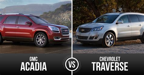 Traverse vs acadia. Chevy Traverse vs. GMC Acadia: Performance · Base engine: 2.5L 4-cylinder engine · Power: 193 hp and 188 lb-ft of torque · EPA-estimated fuel economy: Up to 21... 