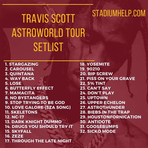 Nov 27, 2023 · Get the Travis Scott Setlist of the concert at Kaseya Center, Miami, FL, USA on November 27, 2023 from the Utopia Tour Presents Circus Maximus Tour and other Travis Scott Setlists for free on setlist.fm! . Travis scott setlist