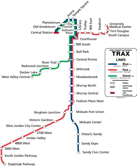 TRAX Blue Line 701, Red Line 703, Green Line 704 BLUE LINE Draper Town Center to Salt Lake Central Station RED LINE Daybreak Parkway Station to U Medical Center Station GREEN LINE West Valley Central to Airport Station INTERPRETER 801-RIDE-UTA call (801-743-3882) Toll-Free (888-743-3882) TO CONTACT UTA POLICE Call 801-287-EYES (801-287-3937). 