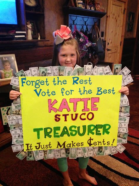 Treasurer slogans for posters. I'm your missing voice. Bank on me. I will cherish your vote. Construct the future in the correct way. A new vision for a more splendid school. All stores are recorded. You merit a superior student of history. Equivalent equity for all. Your Vote Counts! I will give you a change that makes cents. I'm worth every vote. 