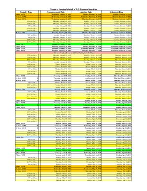T-bills and T-bonds auction calendars. Published data format