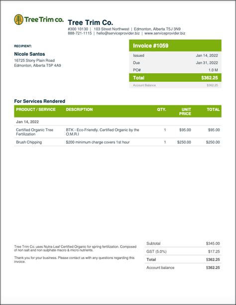 Tree Service Invoice Template