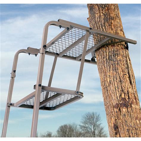 The adjustable ladder support bar provides stability while the pinned ladder sections provide easy climbing. The stand also meets ASTM requirements and comes with a support bar to brace the stand against a tree. Rhino-Roo Ladderstands are easy to carry and assemble. Simply attach the support bar to the tree and begin climbing to your stand.. 